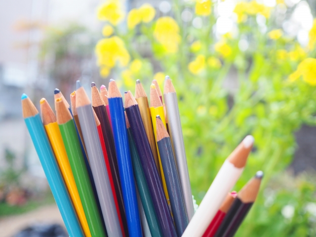 お庭でお絵かき、色鉛筆