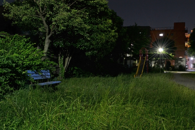 怖い闇夜のイメージ　公園のベンチと広場